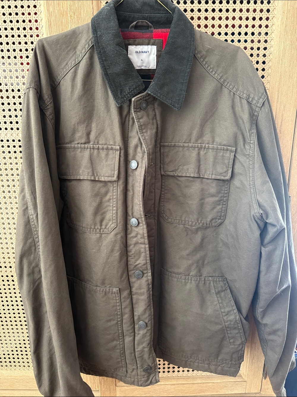 Old Navy Men's Dark Olive Workwear Jacket with Contrast Corduroy Collar